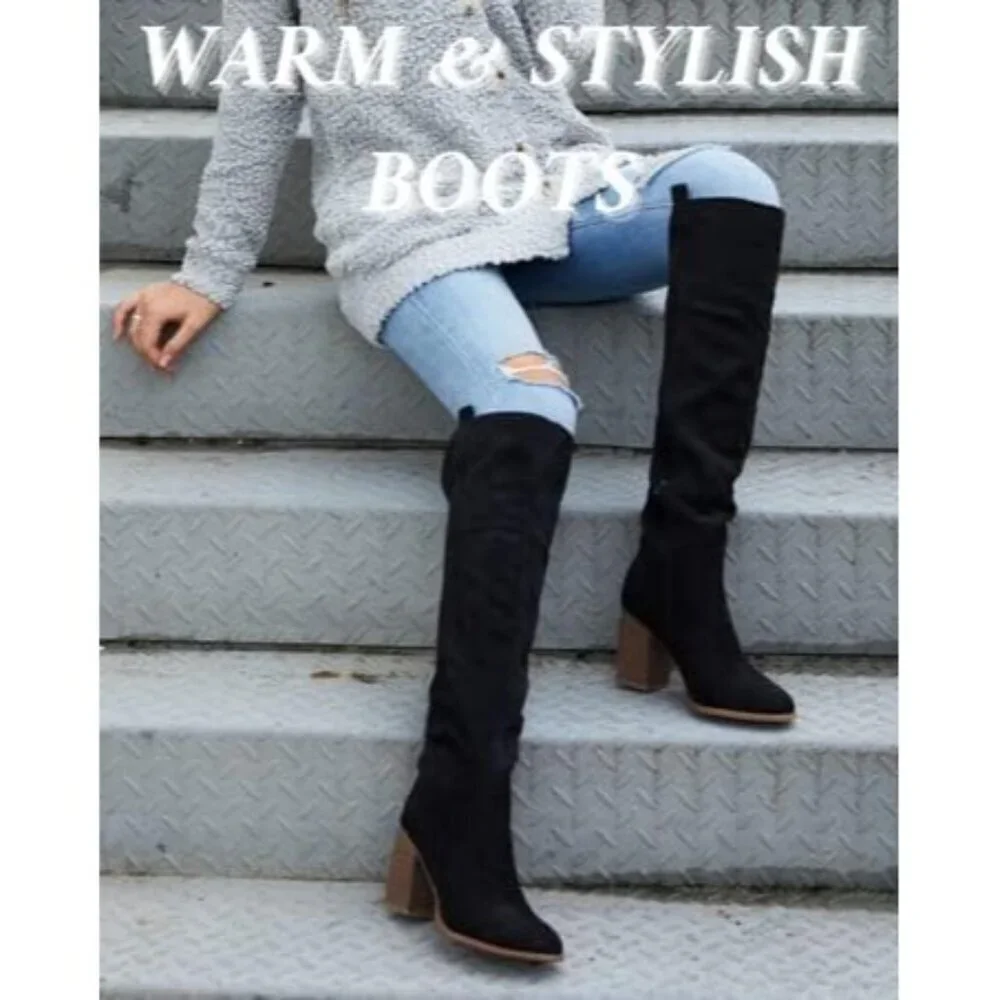 Womens Black Faux Suede Knee High Side Zipper Chunky Heel Winter Stretch Boots
